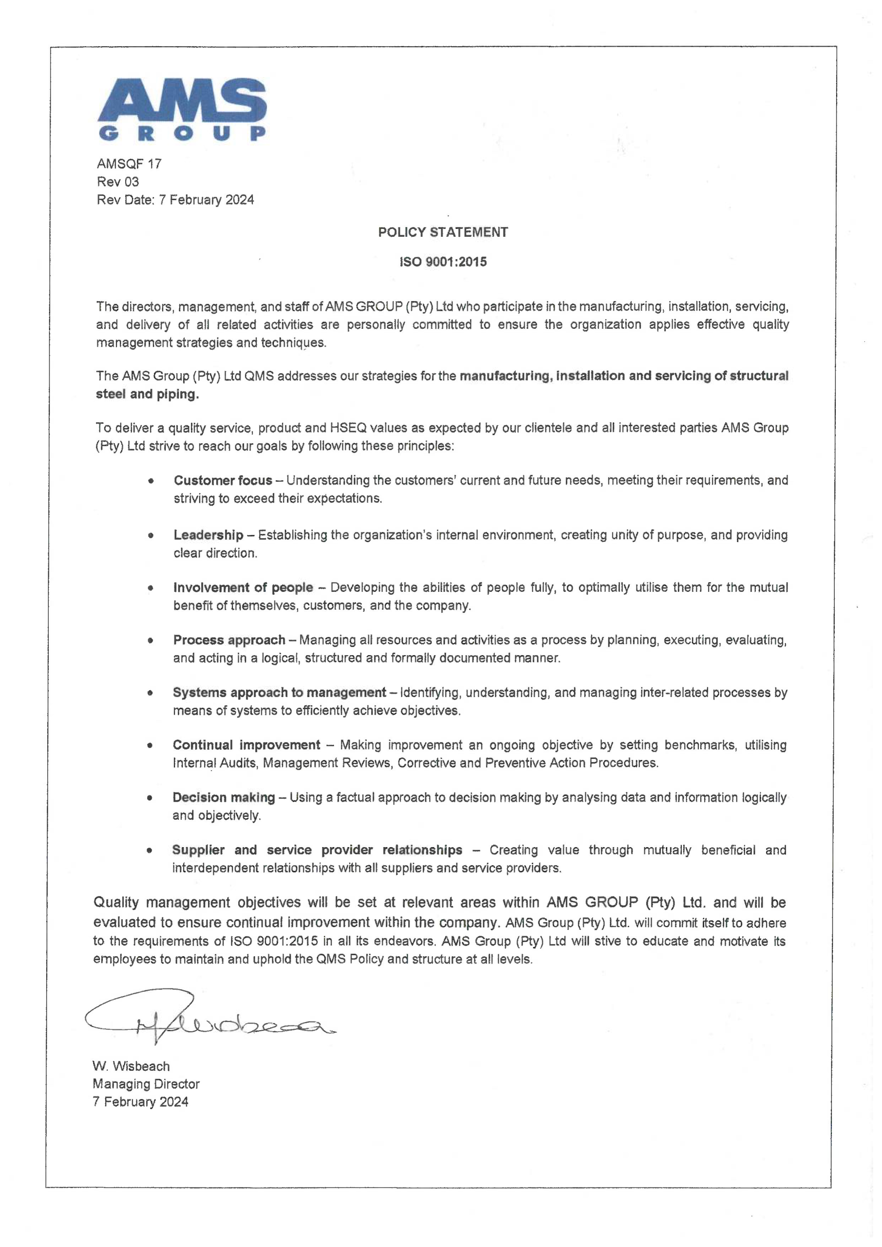 AMS Group Quality Policy Preview